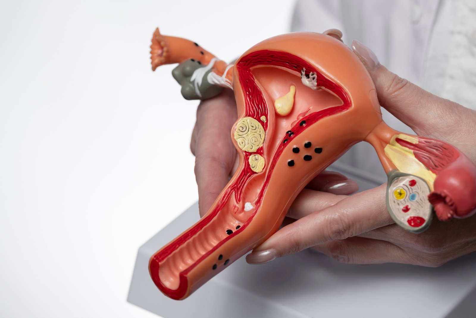 3D anatomical uterus model showing endometriosis condition and internal reproductive organs