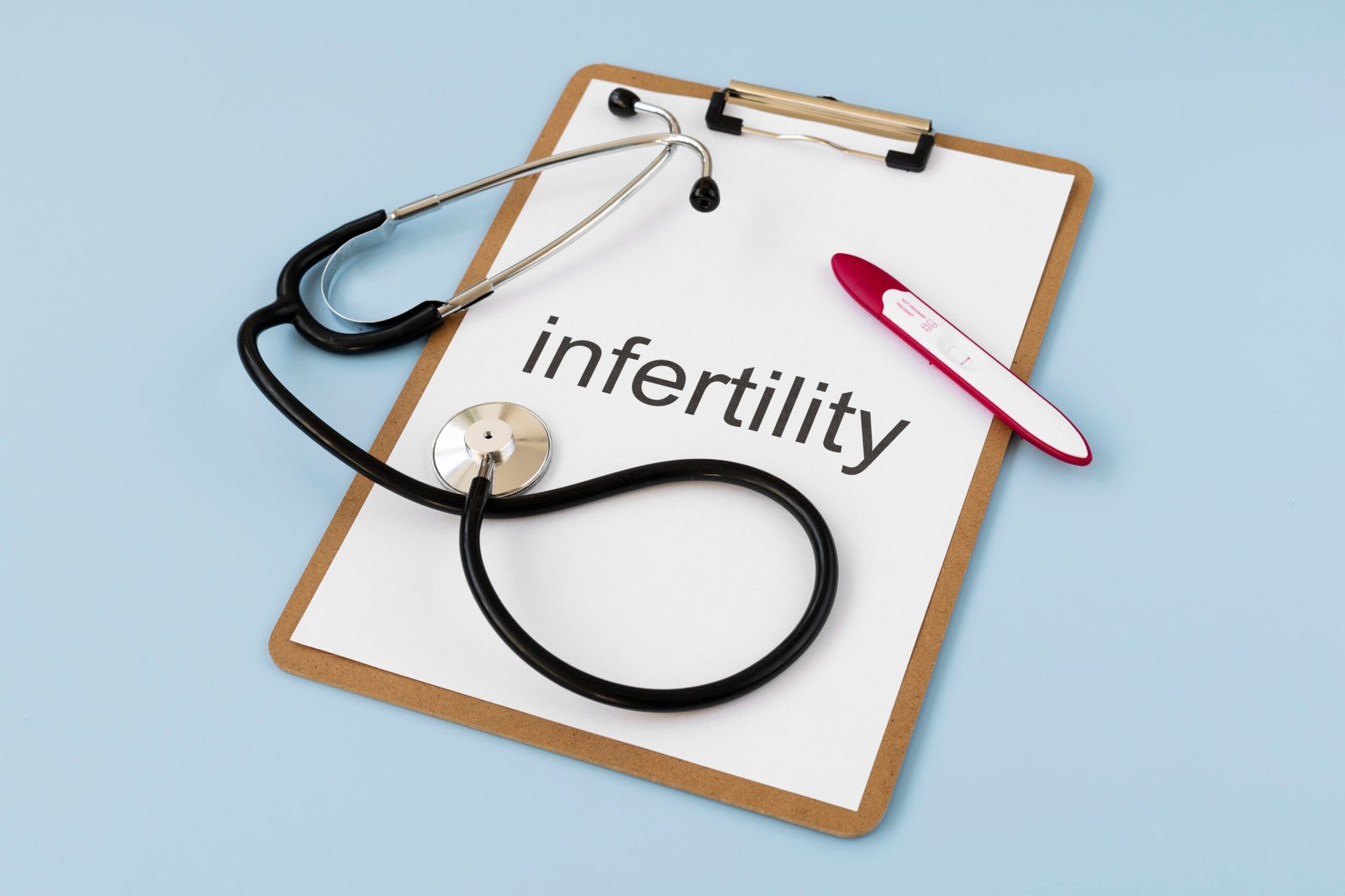 Infertility diagnosis report with stethoscope and pregnancy test for fertility evaluation