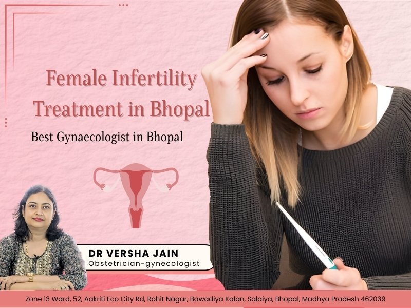Promotional flyer titled "Female Infertility Treatment in Bhopal Best Gynaecologist in Bhopal" featuring Dr. Versha Jain, an obstetrician-gynecologist, with a thoughtful woman, uterus icon, and clinic details: Zone 13 Ward, Aakriti Eco City Rohit Nagar, Bawadiya Kalan, Sanyai, Bhopal, Madhya Pradesh 462030.