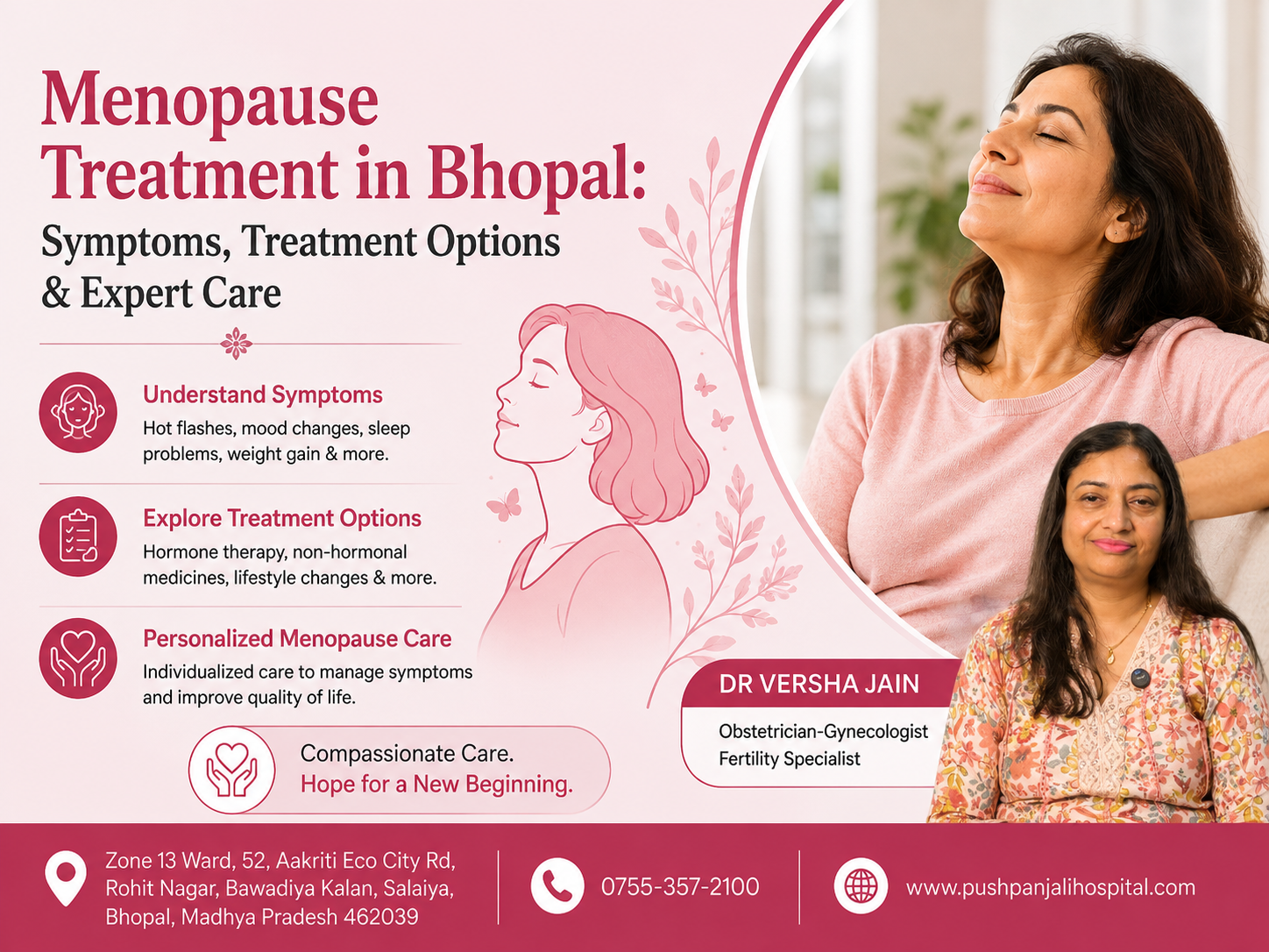 Menopause Treatment in Bhopal infographic featuring Dr. Versha Jain, menopause symptoms, treatment options, and personalized menopause care