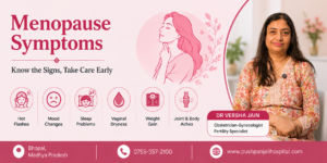 Menopause symptoms infographic showing hot flashes, mood changes, sleep problems, vaginal dryness, weight gain, and joint and body aches with Dr. Versha Jain in Bhopal