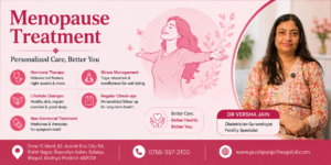 Menopause treatment infographic featuring hormone therapy, lifestyle changes, non-hormonal treatment, stress management, and regular check-ups with Dr. Versha Jain in Bhopal